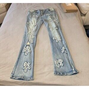 New Guapi Mens Distressed Logo Light Blue Denim Size 40x37 Jeans 5-Pocket Design